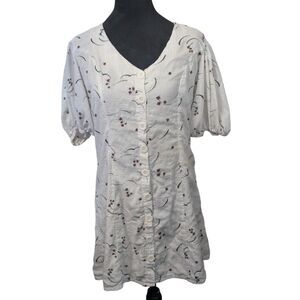 Sera White Floral Button Down Puff Sleeve Mini Dress Cottagecore Romantic Size M